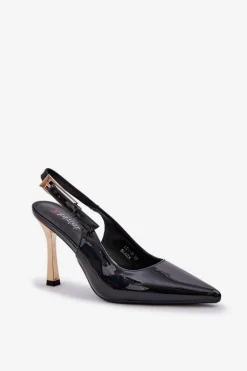 Lakierowane Szpilki Z Odkrytą Piętą I Szpiczastymi Noskami Czarne Rivori