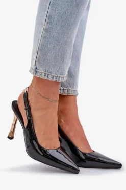 Lakierowane Szpilki Z Odkrytą Piętą I Szpiczastymi Noskami Czarne Rivori