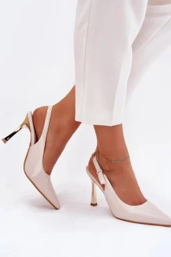 Lakierowane Szpilki Z Odkrytą Piętą I Szpiczastymi Noskami Jasnobeżowe Rivori