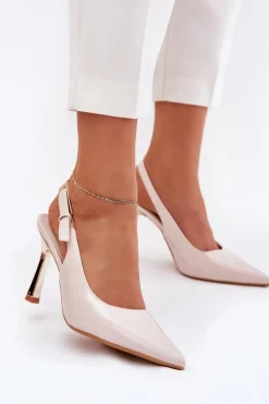 Lakierowane Szpilki Z Odkrytą Piętą I Szpiczastymi Noskami Jasnobeżowe Rivori