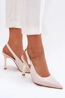 Lakierowane Szpilki Z Odkrytą Piętą I Szpiczastymi Noskami Jasnobeżowe Rivori