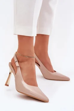 Lakierowane Szpilki Z Odkrytą Piętą I Szpiczastymi Noskami Beżowe Rivori