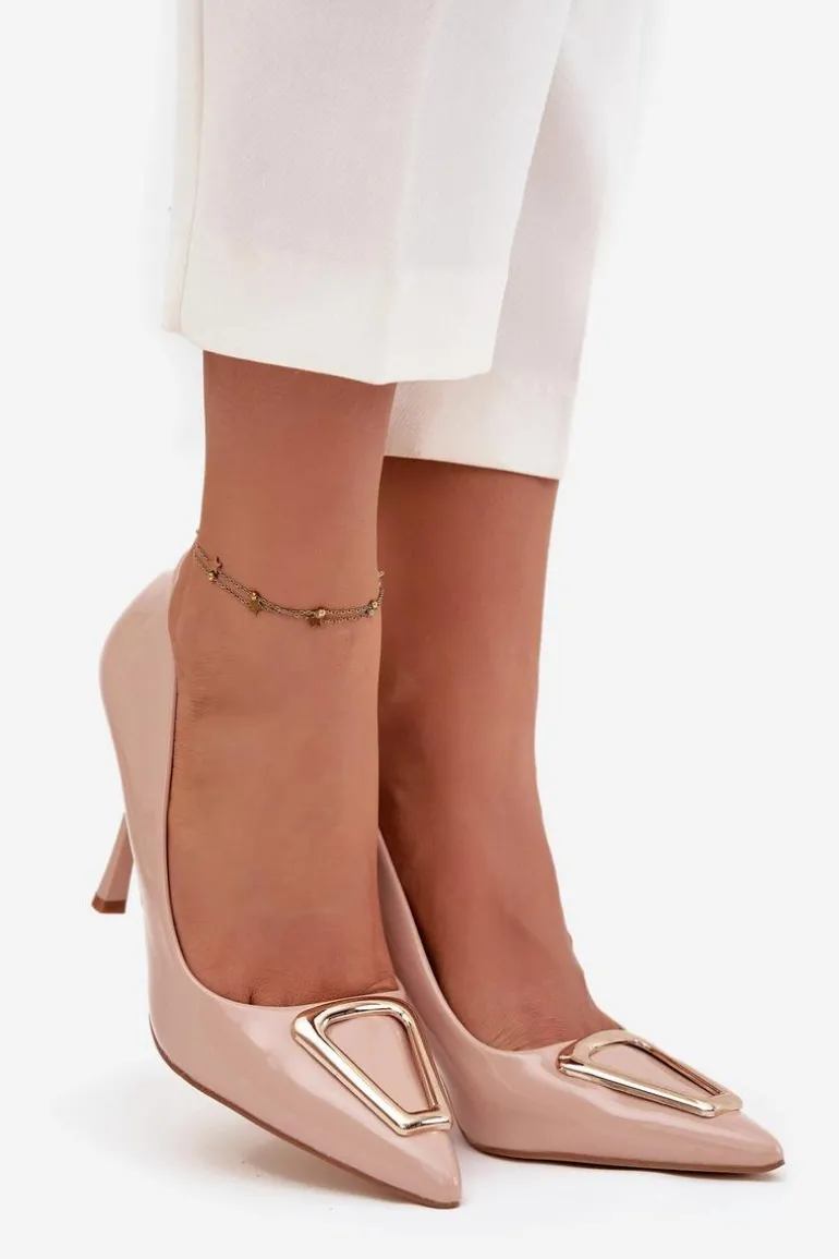 Lakierowane Szpilki Ze Złotym Detalem Beżowe Paivelle