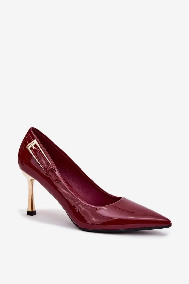 Lakierowane Szpilki Ze Złotą Klamrą Bordowe Mivira