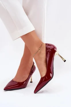 Lakierowane Szpilki Ze Złotą Klamrą Bordowe Mivira