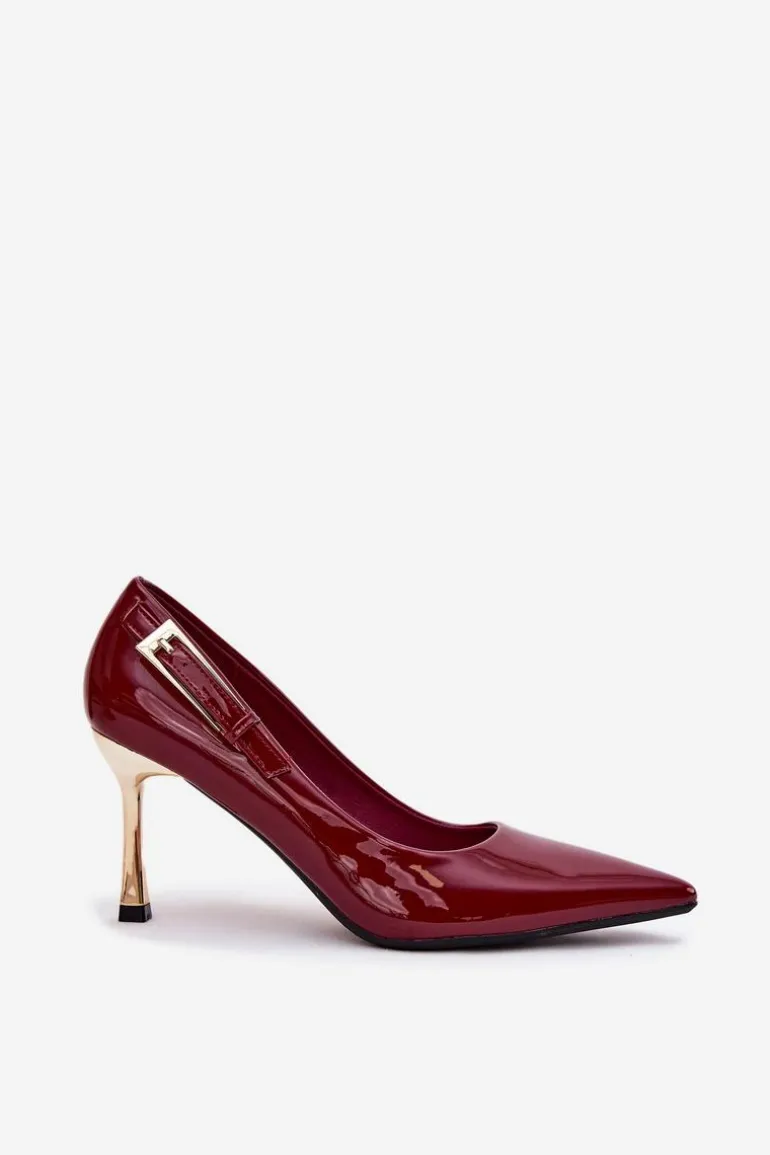 Lakierowane Szpilki Ze Złotą Klamrą Bordowe Mivira