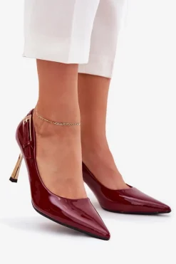 Lakierowane Szpilki Ze Złotą Klamrą Bordowe Mivira