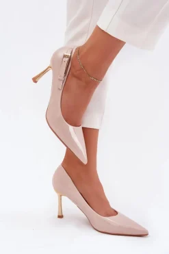 Lakierowane Szpilki Ze Złotą Klamrą Beżowe Mivira