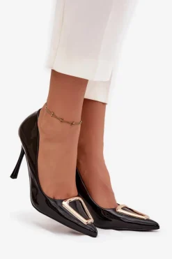 Lakierowane Szpilki Ze Złotym Detalem Czarne Paivelle