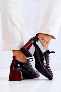 Lakierowane Wiązane Półbuty Na Słupku Czarno-Czerwone Esmera