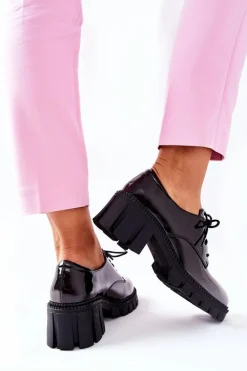 Lakierowane Wiązane Półbuty Czarno-Szare Mosy