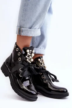 Lakierowane Zdobione Botki Czarne Sirdre
