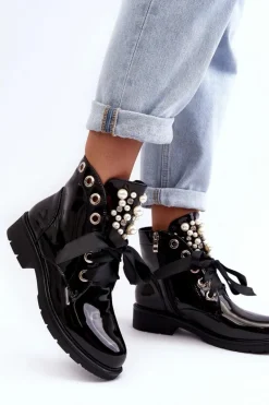 Lakierowane Zdobione Botki Czarne Sirdre