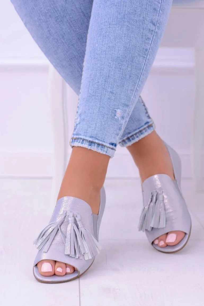 Laura Messi 1701 Skórzane Szare Baleriny Peep Toe Lendo