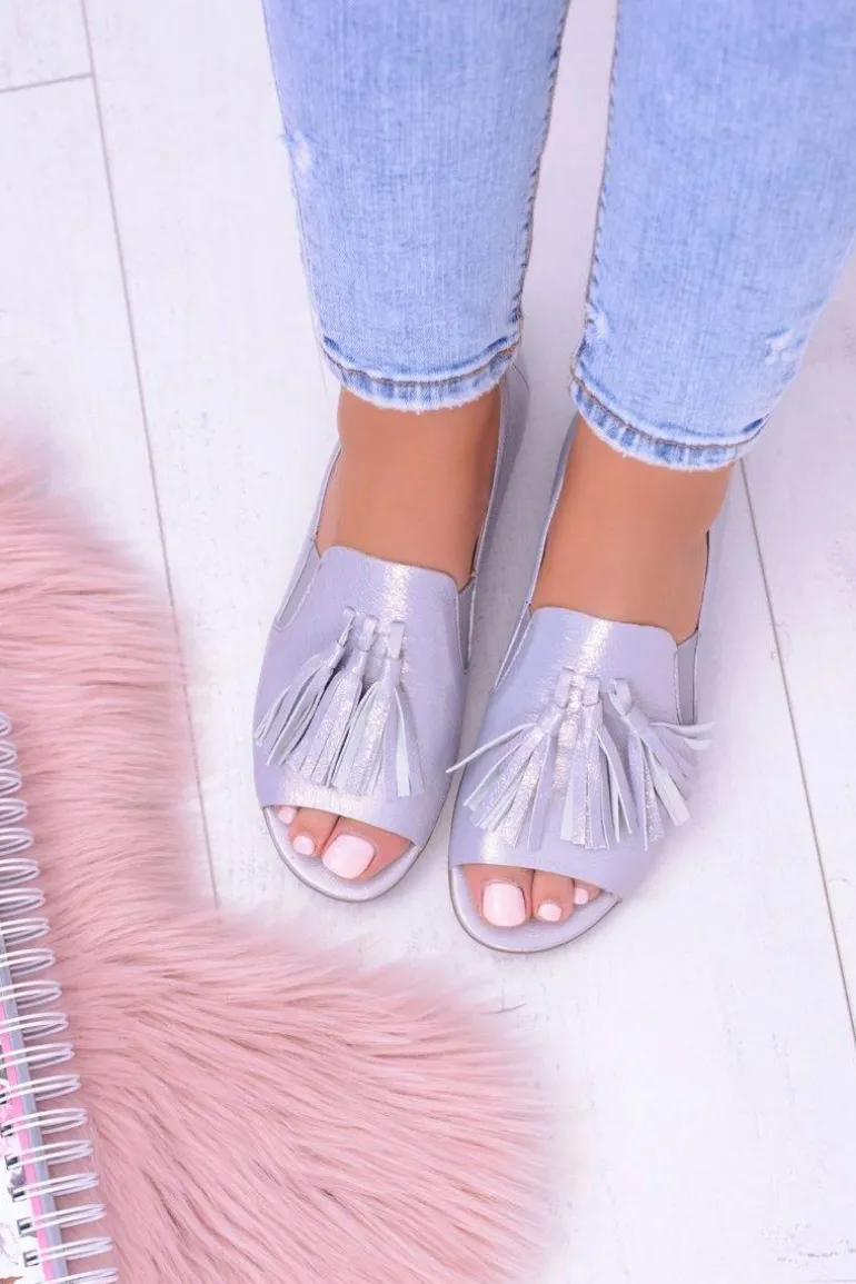 Laura Messi 1701 Skórzane Szare Baleriny Peep Toe Lendo