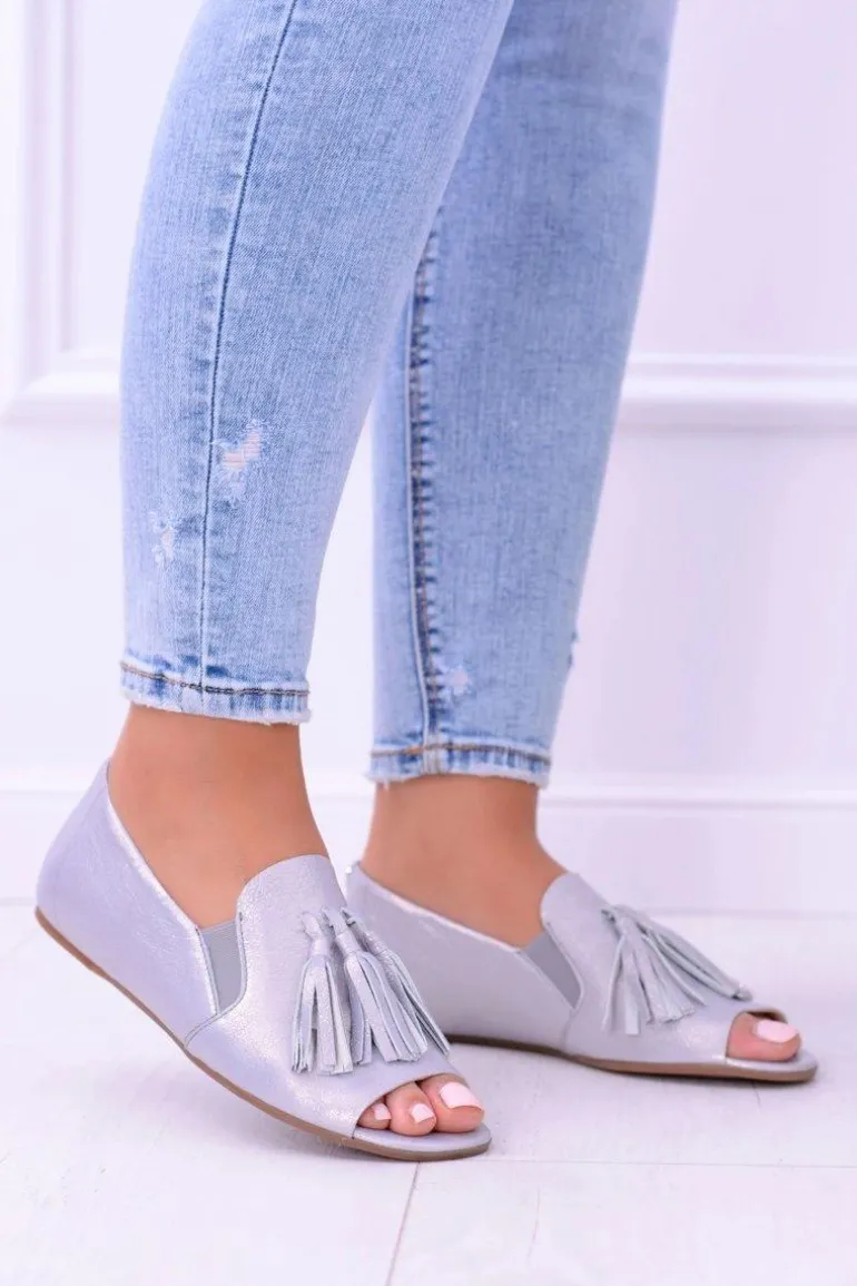 Laura Messi 1701 Skórzane Szare Baleriny Peep Toe Lendo