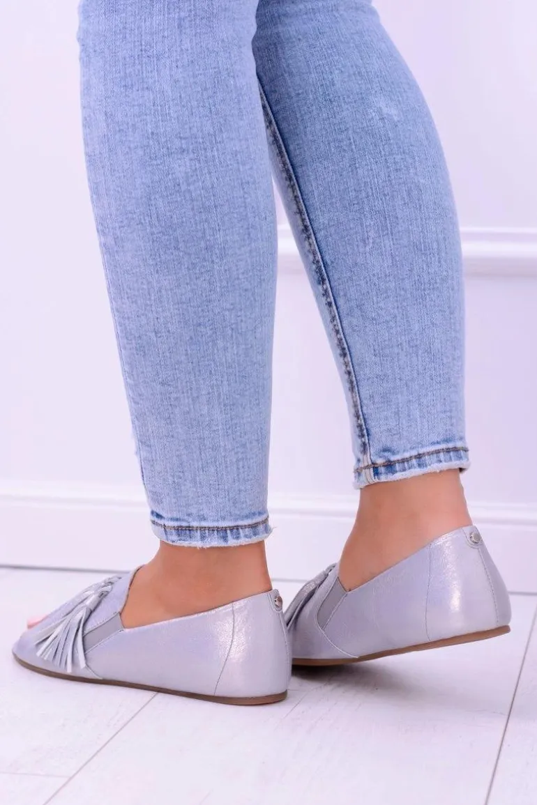 Laura Messi 1701 Skórzane Szare Baleriny Peep Toe Lendo