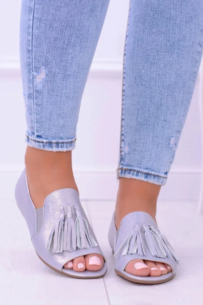 Laura Messi 1701 Skórzane Szare Baleriny Peep Toe Lendo