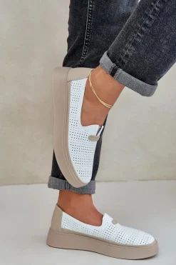 Lekkie Ażurowe Skórzane Mokasyny Półbuty Damskie Na Platformie I Koturnie Białe Hanthiel