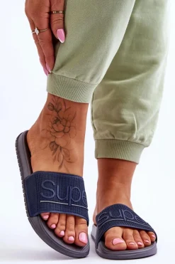 Lekkie Damskie Klapki Z Napisem Granatowo-Szare Merry