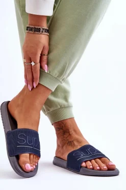 Lekkie Damskie Klapki Z Napisem Granatowo-Szare Merry