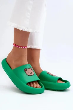 Lekkie Damskie Piankowe Klapki Z Misiem Zielone Lia