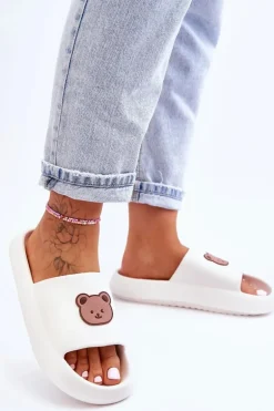 Lekkie Damskie Piankowe Klapki Z Misiem Białe Lia