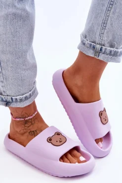 Lekkie Damskie Piankowe Klapki Z Misiem Fioletowe Lia