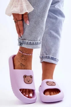 Lekkie Damskie Piankowe Klapki Z Misiem Fioletowe Lia