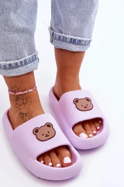 Lekkie Damskie Piankowe Klapki Z Misiem Fioletowe Lia