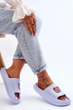 Lekkie Damskie Piankowe Klapki Z Misiem Niebieskie Lia