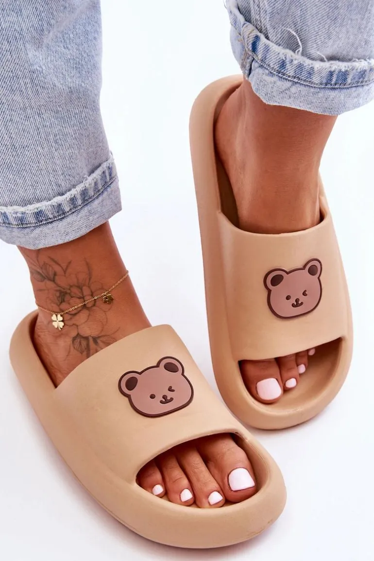 Lekkie Damskie Piankowe Klapki Z Misiem Beżowe Lia