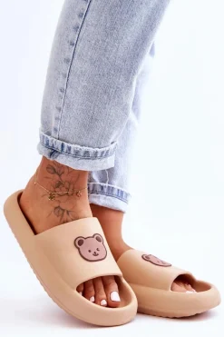 Lekkie Damskie Piankowe Klapki Z Misiem Beżowe Lia