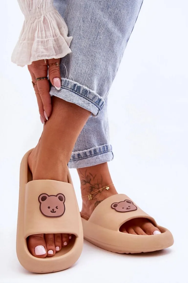 Lekkie Damskie Piankowe Klapki Z Misiem Beżowe Lia