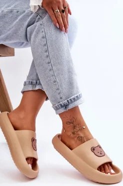 Lekkie Damskie Piankowe Klapki Z Misiem Beżowe Lia