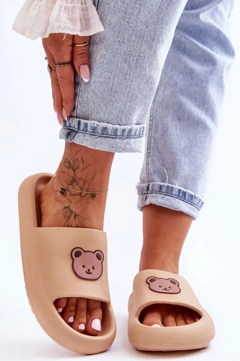 Lekkie Damskie Piankowe Klapki Z Misiem Beżowe Lia