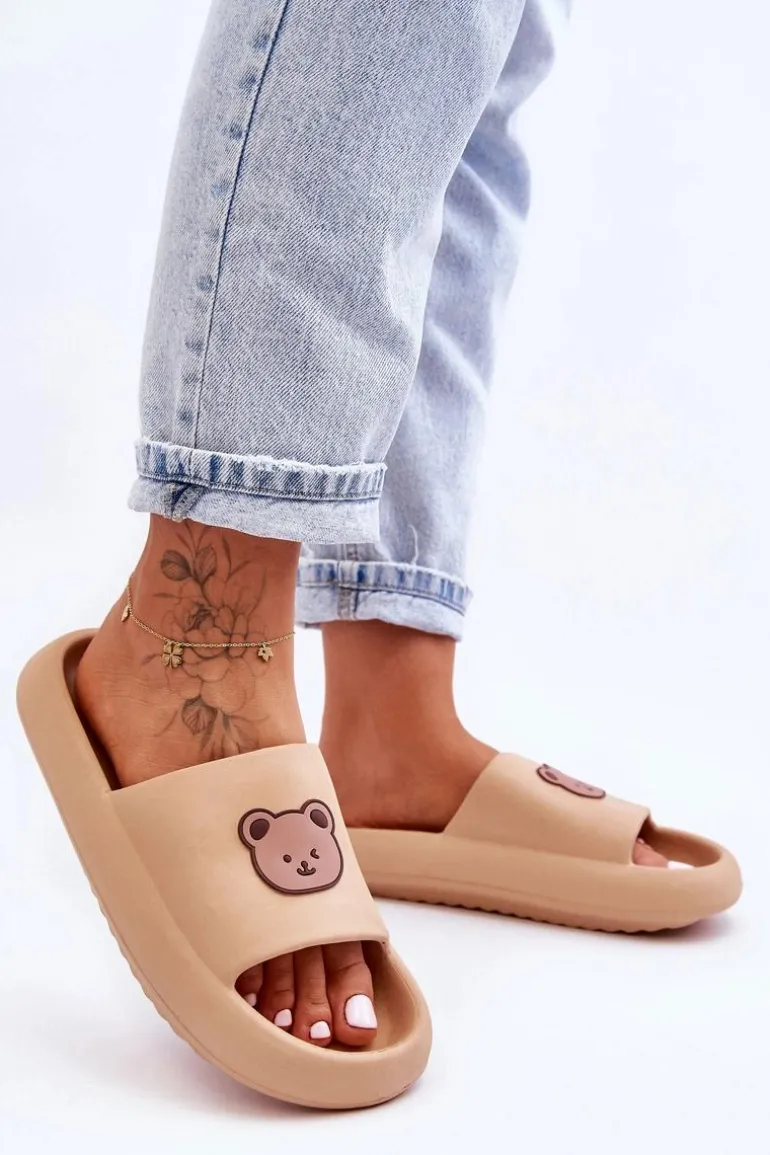 Lekkie Damskie Piankowe Klapki Z Misiem Beżowe Lia