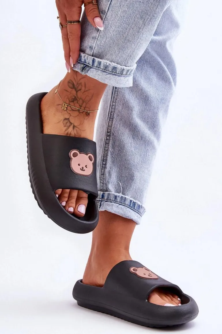 Lekkie Damskie Piankowe Klapki Z Misiem Czarne Lia