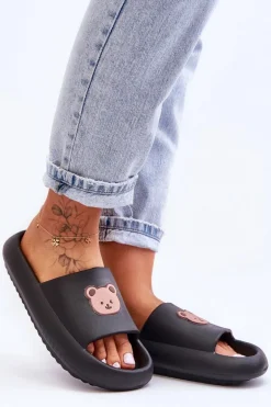 Lekkie Damskie Piankowe Klapki Z Misiem Czarne Lia