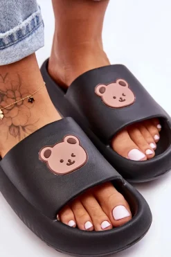 Lekkie Damskie Piankowe Klapki Z Misiem Czarne Lia