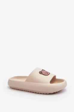 Lekkie Damskie Piankowe Klapki Z Misiem Jasnobeżowe Lia