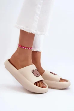 Lekkie Damskie Piankowe Klapki Z Misiem Jasnobeżowe Lia