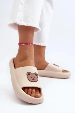 Lekkie Damskie Piankowe Klapki Z Misiem Jasnobeżowe Lia