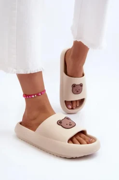 Lekkie Damskie Piankowe Klapki Z Misiem Jasnobeżowe Lia