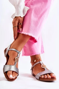 Lekkie Damskie Sandały Na Sprzączkę Ciemnosrebrne Carida