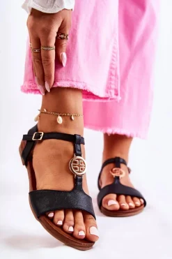 Lekkie Damskie Sandały Na Sprzączkę Czarne Carida