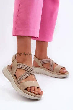 Lekkie Damskie Wygodne Sandały Na Rzep Beżowe Ceclea