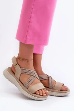 Lekkie Damskie Wygodne Sandały Na Rzep Beżowe Ceclea