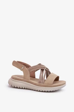 Lekkie Damskie Wygodne Sandały Na Rzep Beżowe Ceclea