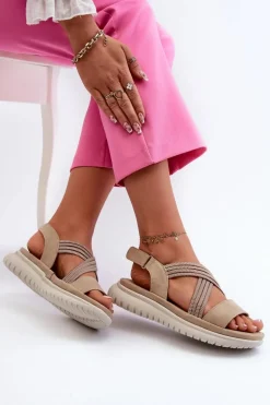 Lekkie Damskie Wygodne Sandały Na Rzep Beżowe Ceclea